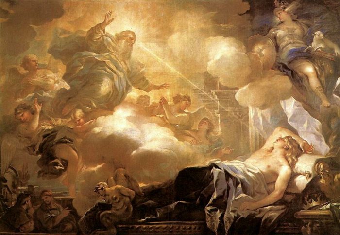 Если мы ищем свою цель в жизни, мы её найдём. «Сон Соломона», около 1694–1695 годов, автор Лука Джордано. Масло на холсте; 8 футов на 11 футов, 9 ¼ дюйма (244 см на 142 см). Национальный музей Прадо, Мадрид. (Public Domain)