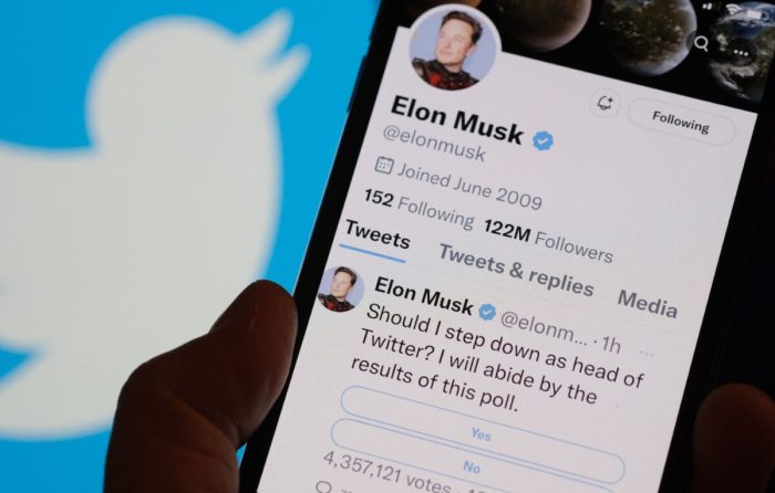 Телефон, отображающий страницу Илона Маска в Twitter, где он проводит опрос о своём будущем в качестве главы компании, на фотоиллюстрации, сделанной в Лос-Анджелесе 18 декабря 2022 года. (Chris Delmas/AFP via Getty Images)