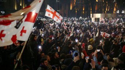 Протесты в Тбилиси, 9 марта 2023 года, Грузии. (ZURAB TSERTSVADZE/AFP via Getty Images)