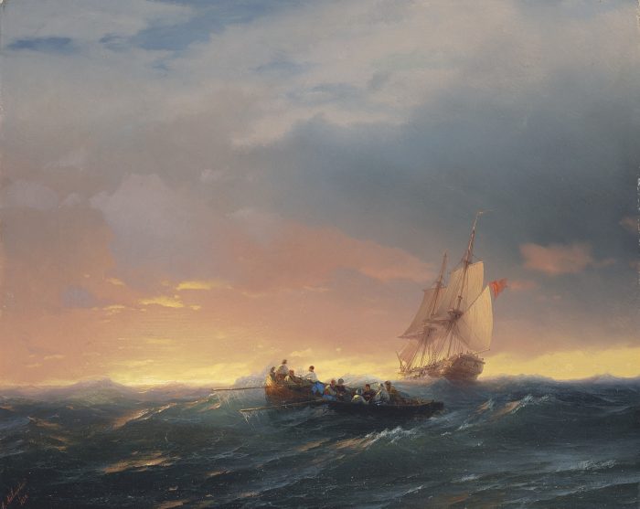 И. Айвазовский, «Суда в волнах на закате» (1850). (Public Domain)