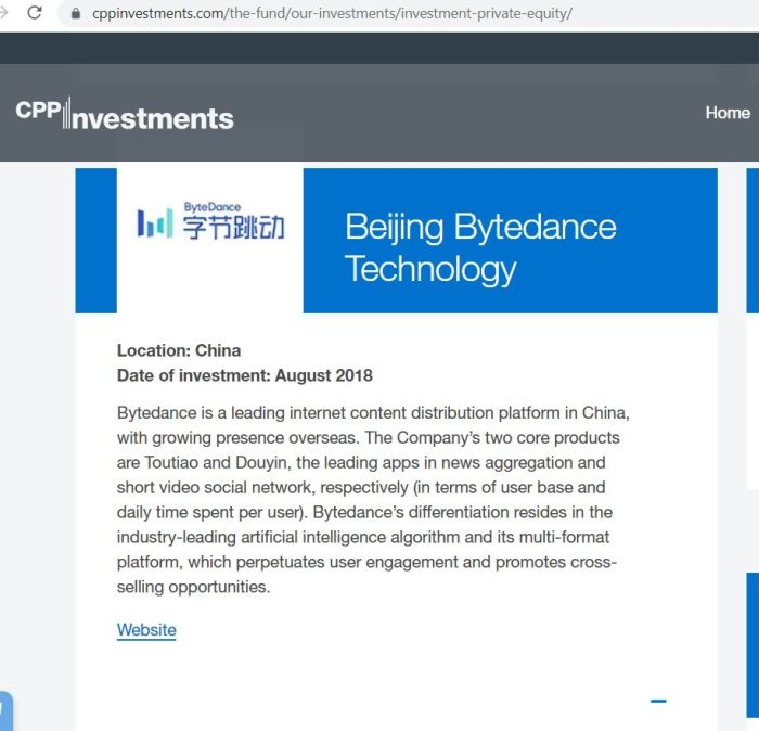 Скриншот с веб-сайта CPP Investments, на котором показана Beijing Bytedance Technology как одна из компаний, в которые пенсионный совет инвестирует в настоящее время. (CPP Investments/Screenshot via The Epoch Times)