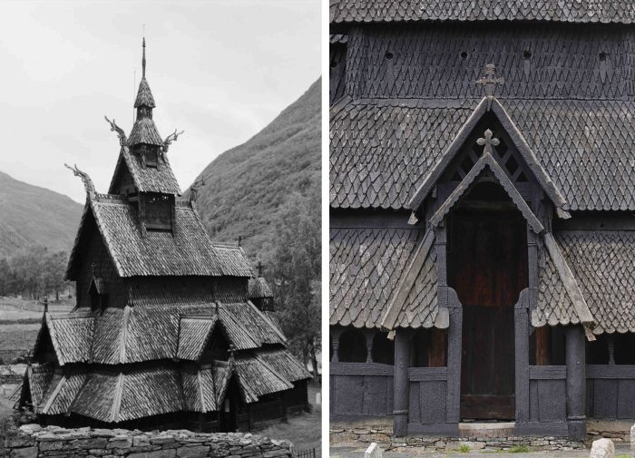 (Слева): Ставкирка в Боргунде, 1957 год. (Graphic House/Archive Photos/Getty Images); (Справа): Фрагмент деревянной церкви Боргунда. (ABB Photo/Shutterstock)
