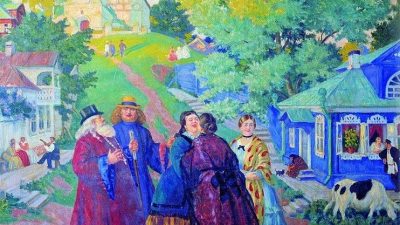 Кустодиев Борис Михайлович «Встреча (Пасхальный день)» 1917 год. (Фото: ru.wikipedia.org. Общественное достояние)