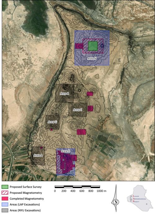 Карта показывает магнитометрические сканы, наложенные на Лагаш. (Courtesy of Lagash Archaeological Project)