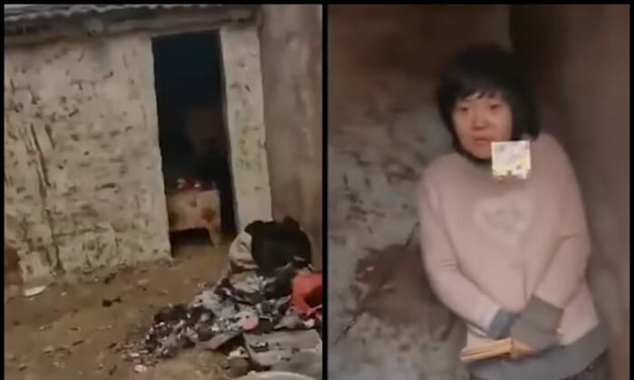 Мать восьмерых детей закована в хижине без дверей в городе Сюйчжоу, провинция Цзянсу, Китай, в январе 2022 года. (Screenshots via Douyin)