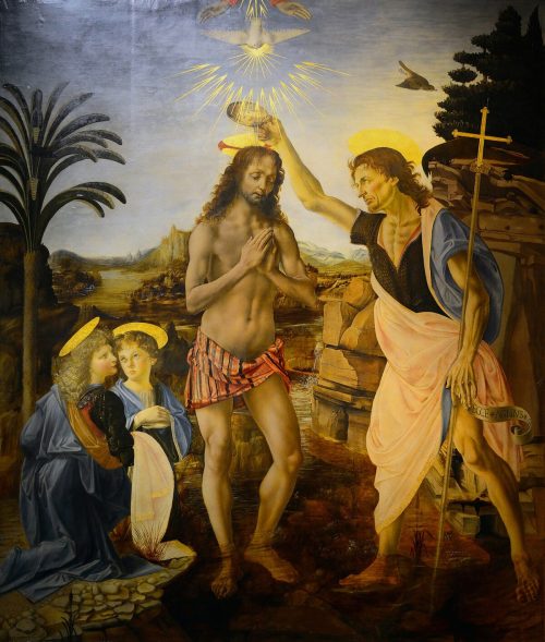 «Крещение Христа», 1470–1475 гг., Андреа дель Верроккьо. Леонардо нарисовал слева ангела. Галерея Уффици, Флоренция, Италия. (Public Domain)