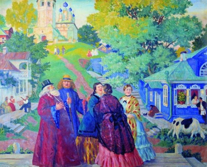 Кустодиев Борис Михайлович «Встреча (Пасхальный день)» 1917 год. (Фото:  ru.wikipedia.org. Общественное достояние)