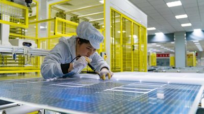 Сотрудник работает над производством солнечных панелей на заводе GCL (Group) Holding Co., Ltd в Хэфэй, провинция Аньхой, Китай, 5 января 2022 года. (Photo by Ruan Xuefeng/VCG via Getty Images)
