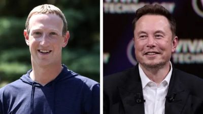 (Слева) Генеральный директор Facebook Марк Цукерберг на конференции Allen & Company Sun Valley в Сан-Вэлли, штат Айдахо, 8 июля 2021 года. (Справа) Генеральный директор SpaceX и Tesla Илон Маск выступает на мероприятии, посвящённом технологическим стартапам и инновациям Vivatech. Ярмарка в выставочном центре Porte de Versailles в Париже, 16 июня 2023 года. (Kevin Dietsch, Joel Saget/Getty Images)
