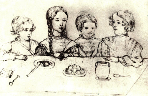 Дети Пушкина в 1841 году: Гриша, Маша, Таша, Саша. Михайловское. Рисунок Натальи Ивановны Фризенгоф. (Общественное достояние)