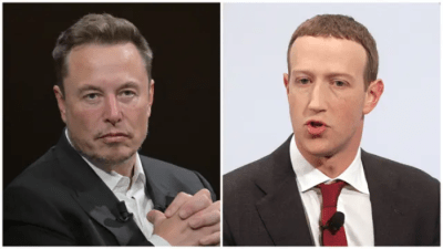 (Слева) Генеральный директор компании SpaceX, Twitter и производителя электромобилей Tesla Илон Маск, 16 июня 2023 года. (Alain Jocard/AFP via Getty Images); (Справа) Основатель и генеральный директор компании Meta Марк Цукерберг, 15 февраля 2020 года. (Johannes Simon/Getty Images)