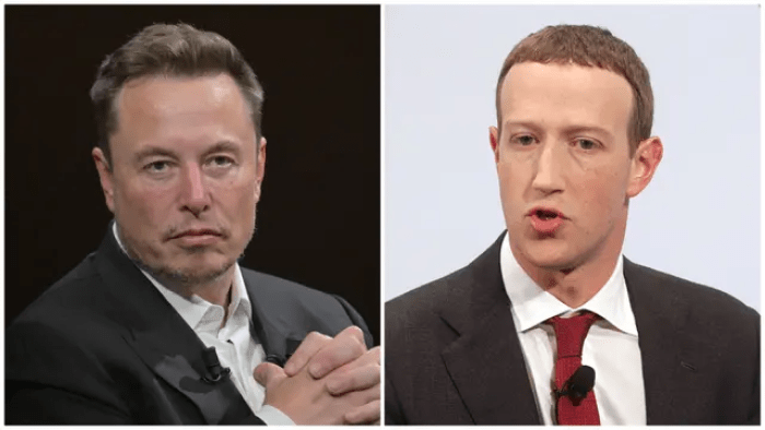 (Слева) Генеральный директор компании SpaceX, Twitter и производителя электромобилей Tesla Илон Маск, 16 июня 2023 года. (Alain Jocard/AFP via Getty Images); (Справа) Основатель и генеральный директор компании Meta Марк Цукерберг, 15 февраля 2020 года. (Johannes Simon/Getty Images)