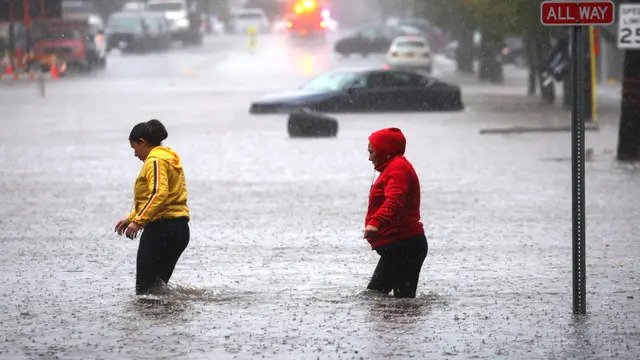 Во время сильного ливня в пригороде Нью-Йорка Мамаронек в округе Вестчестер, 29 сентября 2023 года. (Mike Segar/Reuters)