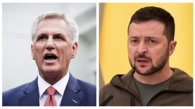 Спикер Палаты представителей Кевин Маккарти и президент Украины Владимир Зеленский. (Madalina Vasiliu/The Epoch Times; Viacheslav Ratynskyi/Reuters)
