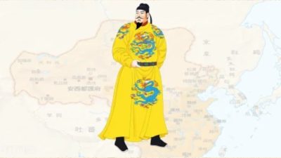 Тай-Цзун, второй император династии Тан, на фоне карты Китая. (Изображение: Zhiqing via Kan Zhong Guo)