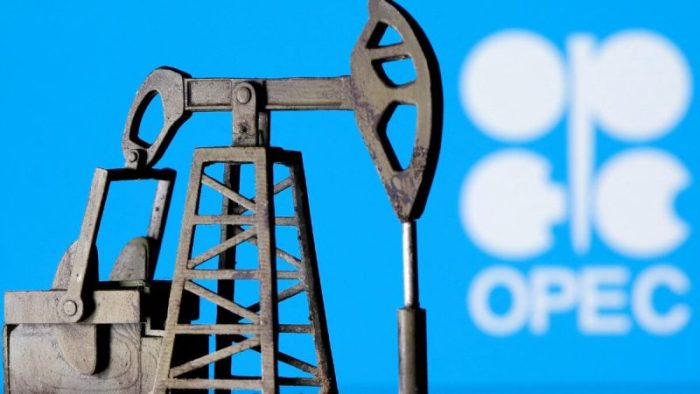 3D-печатный домкрат для нефтяного насоса на фоне логотипа ОПЕК, 14 апреля 2020 года. (Dado Ruvic/Reuters)
