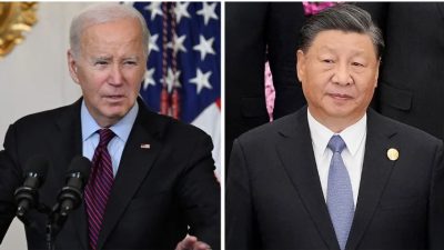 (Слева) Президент США Джо Байден в государственной столовой Белого дома 31 октября 2023 года. (Справа) Китайский лидер Си Цзиньпин на третьем форуме международного сотрудничества «Пояс и путь» в Пекине 18 октября 2023 года. (Andrew Caballero-Reynolds, Suo Takekuma/AFP via Getty Images)