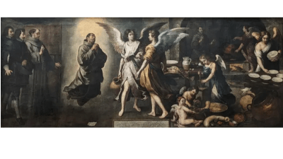 Картина «Кухня ангелов», 1646 год, художник Бартоломе Эстебан Мурильо. Масло на холсте, 5,9 дюйма на 4,9 дюйма. Лувр, Париж. (Public Domain)