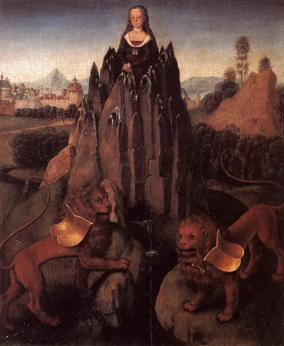 «Аллегория с Богородицей», 1479–1480, Ганс Мемлинг. Дубовое панно, масло; 15 на 12 1/2 дюйма, Музей Жакмара-Андре, Париж. (Public Domain)