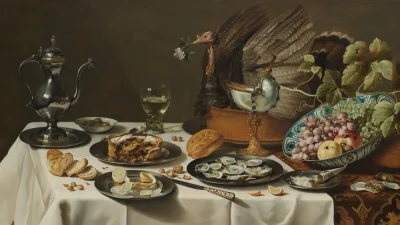 «Натюрморт с пирогом с индейкой», 1627, Питер Клас. Масло на панели; 29 1/2 дюйма на 52 дюйма. Рейксмузеум, Амстердам. (Public Domain)