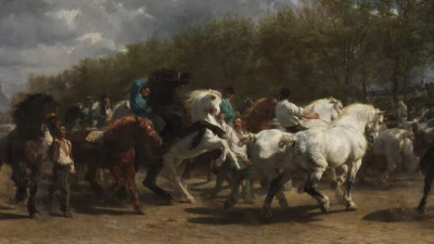 «Конная ярмарка», 1852–1855, Роза Бонёр. Масло на холсте; 96,25 дюймов на 199,5 дюймов. Музей Метрополитен, Нью-Йорк. (Public Domain)