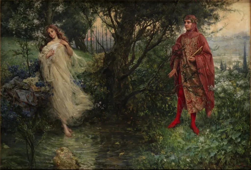 Сальваторе Постильоне «Данте и Беатриче», 1906 год. Беатриче ведёт Данте по небесам и объясняет, что творения Бога, изгнанные на землю, жаждут вернуться к месту своего происхождения. (Public Domain)
