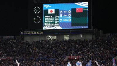 Табло Япония — Китай 7:0 после матча 3-го отборочного турнира азиатской группы с чемпионата мира по футболу между Японией и Китаем на стадионе Сайтама в Японии 5 сентября 2024 года. (Koji Watanabe/Getty Images)