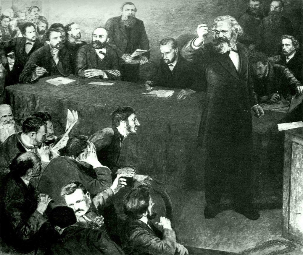 Маркс и Энгельс (вверху в центре) на конгрессе в Нидерландах в 1872 году. (Архив мировой истории/Alamy Stock Photo)