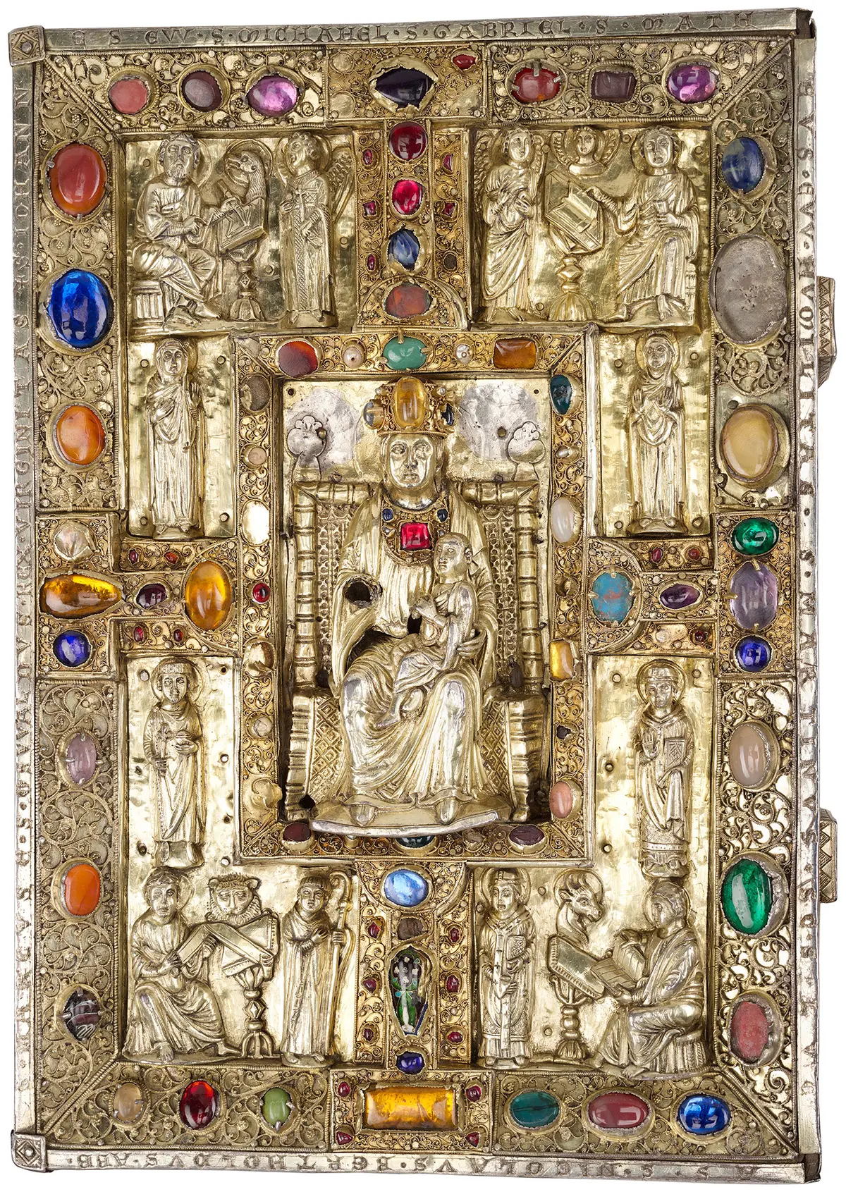 Передняя обложка «Бертольдова сакраментария», 1215–1217 годы, неизвестный немецкий художник. Обложка книги с позолоченным серебром и драгоценными камнями, прикреплённая к деревянной доске с отделениями; 11,5 дюйма на 8 дюймов. Библиотека и музей Моргана, Нью-Йорк. (Public Domain)