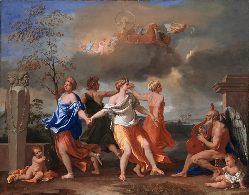 Картина Николя Пуссена «Танец под музыку времени», 1634–1636 годы. Масло на холсте; 32,4 дюйма на 40,9 дюйма. Коллекция Уоллеса, Лондон. (Public Domain)