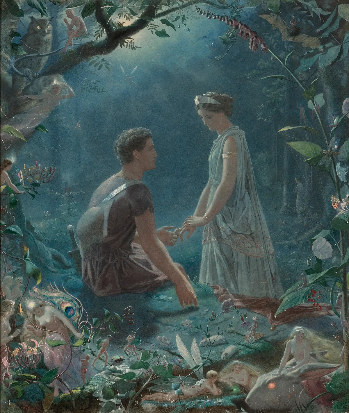 Гермия и Лисандр, «Сон в летнюю ночь», 1870, художник Джон Симмонс. Акварель, усиленная гуашью, на бумаге, наложенной на холст; 36 на 29 дюймов. Частная коллекция. (Public Domain)