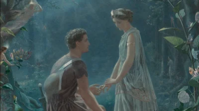 «Гермия и Лизандр, «Сон в летнюю ночь», 1870, Джон Симмонс. Акварель, усиленная гуашью, на бумаге, наложенной на холст; 36 дюймов на 29 дюймов. Частная коллекция. (Public Domain)