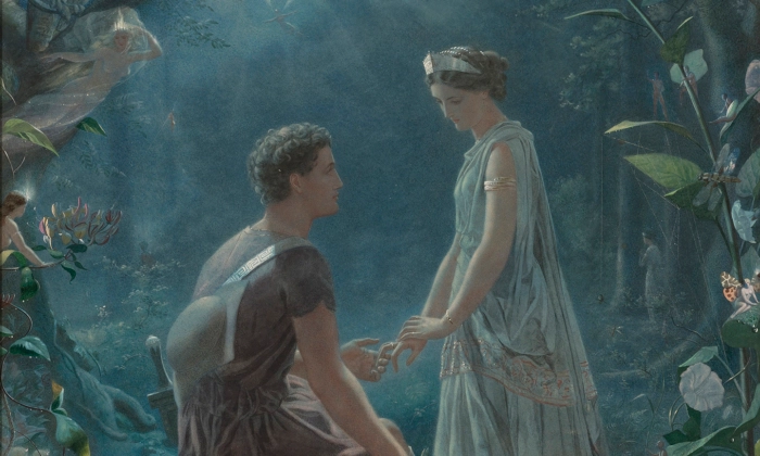 «Гермия и Лизандр, «Сон в летнюю ночь», 1870, Джон Симмонс. Акварель, усиленная гуашью, на бумаге, наложенной на холст; 36 дюймов на 29 дюймов. Частная коллекция. (Public Domain)