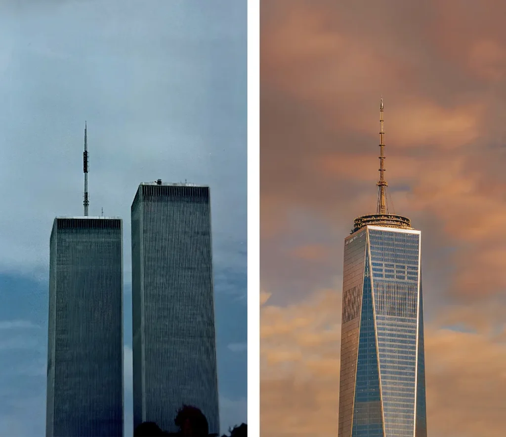 Башни-близнецы Всемирного торгового центра в 1994 году и One World Trade Center в 2024 году. (Courtesy of Alessandro Trinchero)