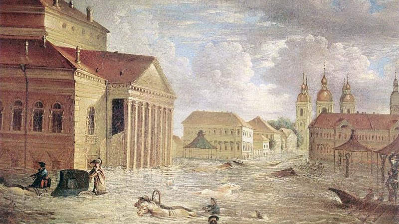 200 лет со дня катастрофического наводнения в Санкт-Петербурге Картина Фёдора Яковлевича Алексеева «7 ноября 1824 года на площади у Большого театра», 1824 год. (ru.wikipedia.org)