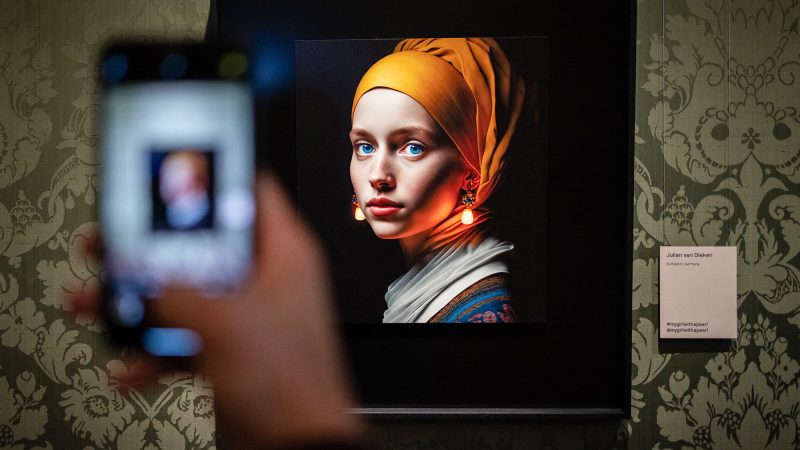 Может ли искусственный интеллект создавать произведения искусства? Sothebys говорит: «Да» Посетитель фотографирует мобильным телефоном изображение, созданное с помощью ИИ берлинским создателем цифровых технологий Юлианом ван Дикеном по мотивам картины Иоганна Вермеера «Девушка с жемчужной серёжкой» в музее Маурицхёйс в Гааге 9 марта 2023 года. (Simon Wohlfahrt/AFP via Getty Images)
