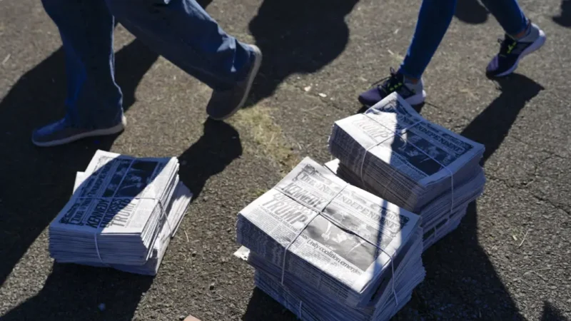 Стопки газет лежат на земле, пока люди приходят на предвыборный митинг, организованный Дональдом Трампом в Батлере, штат Пенсильвания, 5 октября 2024 года. (AP Photo/Julia Demaree Nikhinson)
