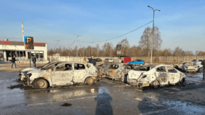 Парковка компании «Мираторг» в Домодедово после пожара. (Губернатор Московской области Андрей Воробьёв/t.me)