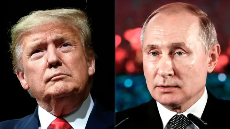Дональд Трамп выступает с речью на митинге «Сделаем Америку великой» в Финиксе 19 февраля 2020 года; Владимир Путин выступает с речью на церемонии в Иерусалиме 23 января 2020 года. (Jim Watson and Emmanuel Dunand/AFP via Getty Images)