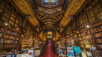 Книги не играют основную роль в необычном главном внутреннем пространстве Livraria Lello, которое изобилует визуальными деталями. Центральным элементом является широкая раздвоенная лестница с окрашенными в малиновый цвет ступенями, подчеркнутая резными перилами и ограждением. Великолепный витраж на потолке второго этажа виден с первого этажа. Деревянные книжные шкафы от пола до потолка, некоторые открытые, а некоторые закрыты стеклом, разделены тщательно обработанными сегментами с большими четырехлистными узорами. (Nido Huebl/Shutterstock)