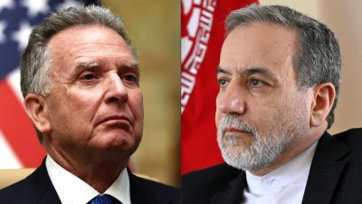 (Слева) представитель США на Ближнем Востоке Стив Уиткофф после встречи с российскими официальными лицами во дворце Дирия в Эр-Рияде, Саудовская Аравия, 18 февраля 2025 года. (Справа) Министр иностранных дел Ирана Аббас Арагчи выступает в иранском консульстве в Джидде 7 марта 2025 года. (Evelyn Hockstein and Amer Hilabi/AFP via Getty Images)