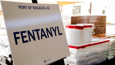 Пакеты с фентанилом и метамфетамином, изъятые из грузовика, въезжающего в Аризону из Мексики, демонстрируются во время пресс-конференции в порту Ногалес, штат Аризона, 31 января 2019 года. (U.S. Customs and Border Protection/Reuters)