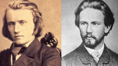 Иоганнес Брамс (слева) 1853 года и Пётр Чайковский примерно того же периода. (PD-US)