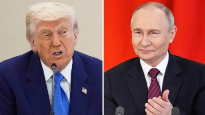 (Слева) Президент Дональд Трамп на деловом круглом столе в Абу-Даби, Объединённые Арабские Эмираты, 16 мая 2025 года. (Справа) Президент России Владимир Путин на церемонии подписания в Кремле в Москве 10 мая 2025 года. (AP Photo)