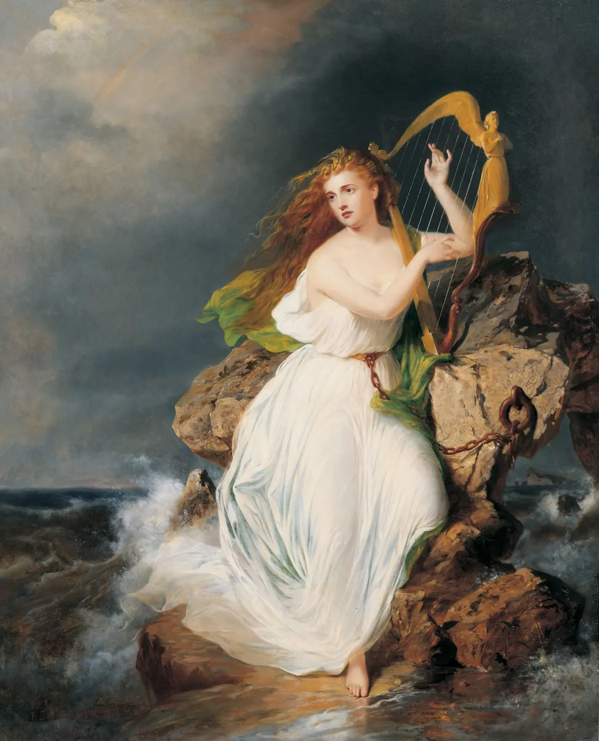«Арфа Эрина», 1867 год, автор Томас Бьюкенен Рид. На аллегорической картине арфист изображён как олицетворение Ирландии, прикованной к скале, которая представляет Англию. Художественный музей Цинциннати. (Public Domain)