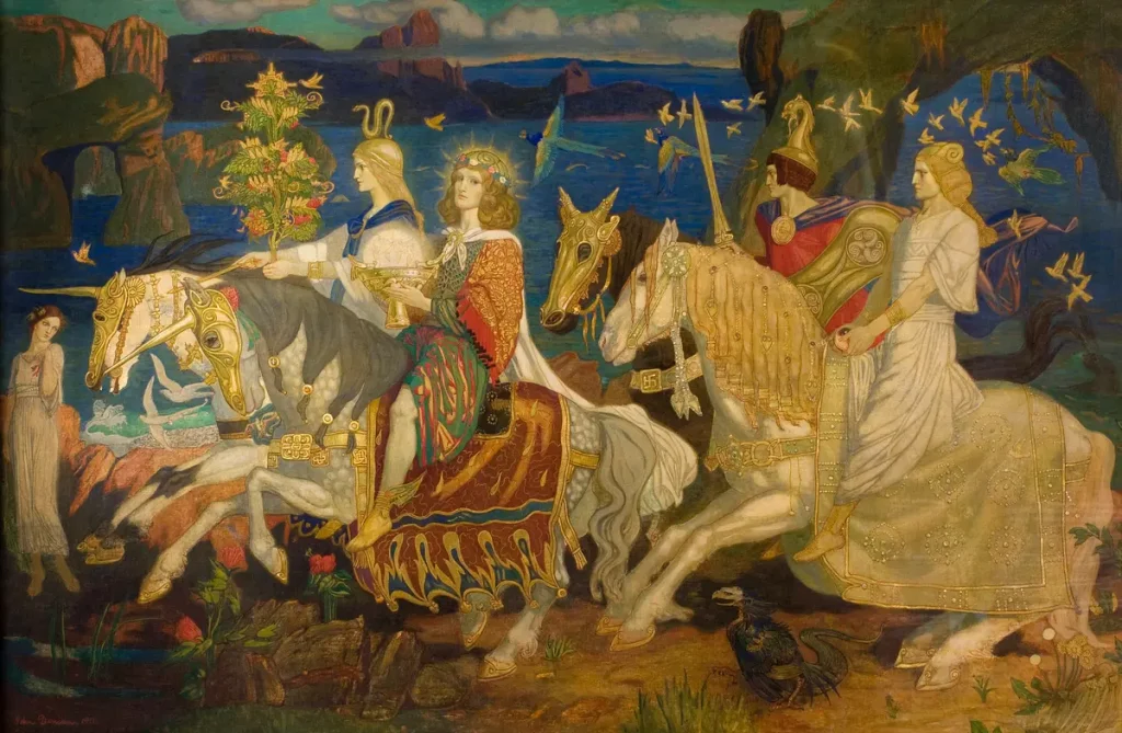 Туата Де Дананн — сверхъестественная раса в ирландской мифологии, похожая на эльфов или фей, изображённая на картине Джона Дункана «Всадники Сидхе», 1911 год. Художественные галереи и музеи Данди, Шотландия. (Public Domain)
