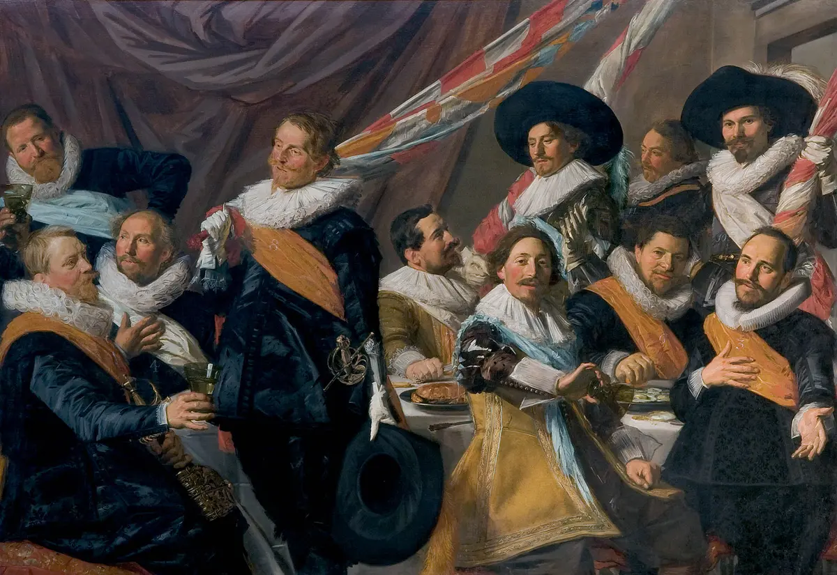 «Банкет офицеров гражданской гвардии Святого Георгия», 1627, Франс Хальс. Масло, холст; 180 см на 260 см. Музей Франса Хальса, Харлем, Нидерланды. (Public Domain)