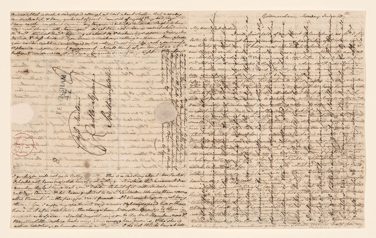 Рукописное письмо Джейн Остин сестре, Кассандре Остин, Годмершем, 20–22 июня 1808 года. Приобретено Дж. П. Морганом-младшим в 1920 году, Библиотека и музей Моргана, Нью-Йорк. (Предоставлено Библиотекой и музеем Моргана).