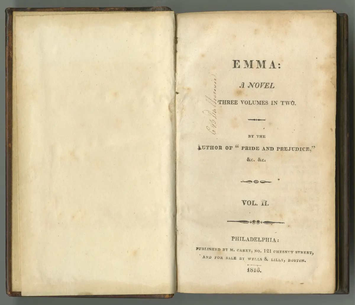 «Эмма», том 2, 1816, Джейн Остин. Коллекция Альберты Х. и Генри Г. Бёрк, Специальные коллекции и архив колледжа Гаучер, Мэриленд. (Предоставлено библиотекой и музеем Моргана).