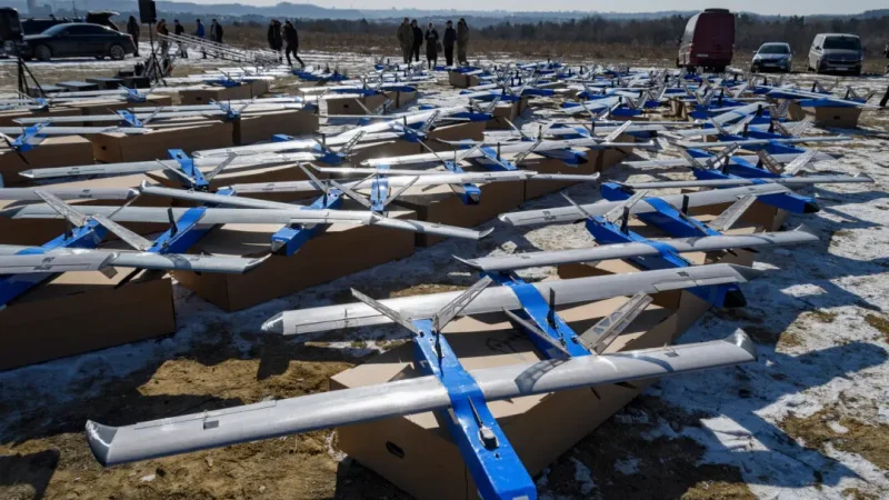 Беспилотные перехватчики «Бесомар 3210» украинского производства в неизвестном месте во Львовской области на западе Украины, 21 февраля 2025 года. (Mykola Tys, File/AP Photo)